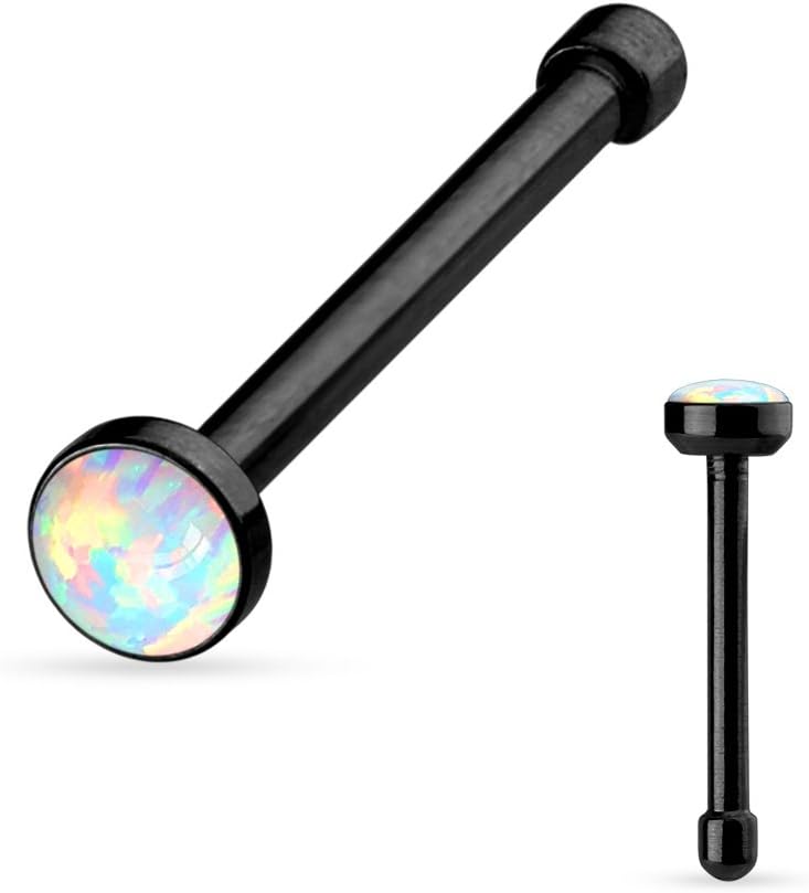 FifthCue 20G Synthetic Opal Set Flat Top PVD Over 316L Surgical Steel L bend Stud Nose Rings - Image 1